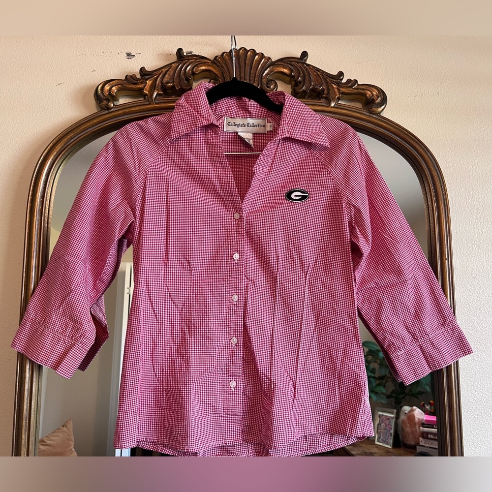 Georgia Bulldogs UGA Red White Gingham Button Down Cotton Shirt Size S